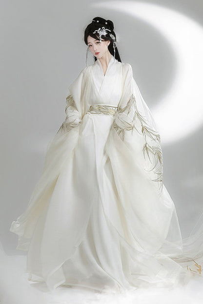 Gothic Lolita Dress - Bamboo Leaves, White, High Waist, Women's Style, Embroidered - main product image