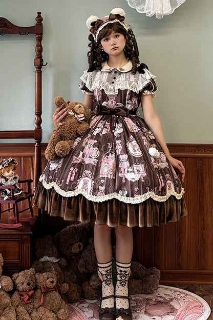 Gothic Lolita Dress - Bear Doll Wall Print, Brown, Printed, Embroidered, Sweet Style - additional product view 4