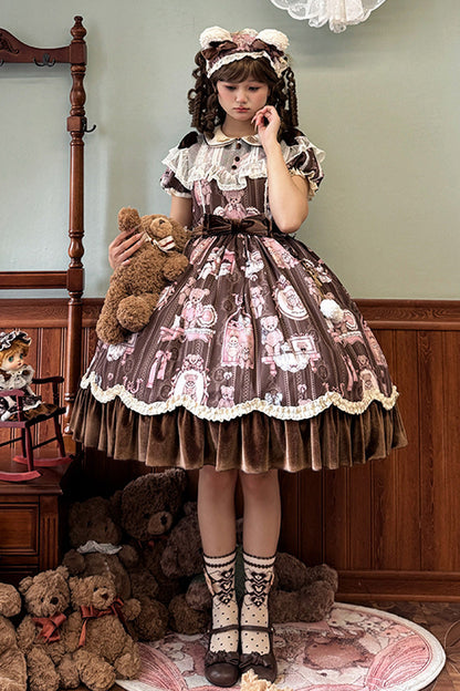 Gothic Lolita Dress - Bear Doll Wall Print, Brown, Printed, Embroidered, Sweet Style - main product image