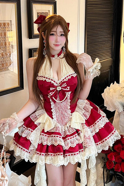 Gothic Lolita Dress - Beloved Young Lady, Red, Bow Detail, Lace Trim, Ruffled - main product image