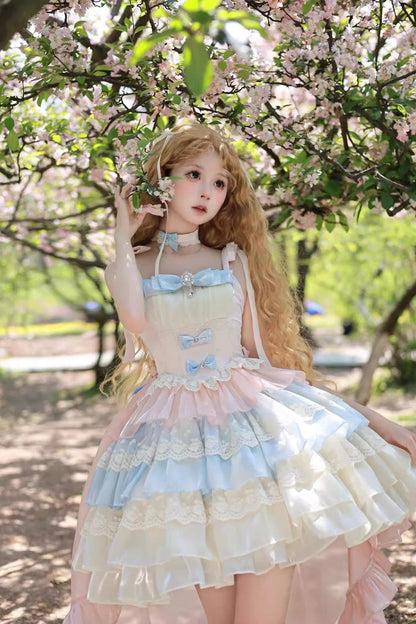 Gothic Lolita Dress - Blue/pink/apricot Multi-layer, 3 Colors, Sweet Style, Bow Detail - additional product view 2