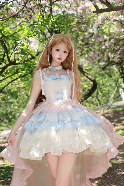 Gothic Lolita Dress - Blue/pink/apricot Multi-layer, 3 Colors, Sweet Style, Bow Detail - additional product view 3