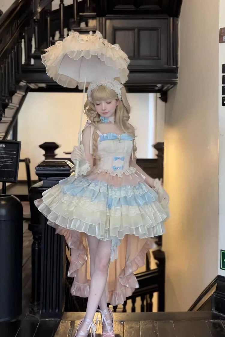 Gothic Lolita Dress - Blue/pink/apricot Multi-layer, 3 Colors, Sweet Style, Bow Detail - additional product view 7