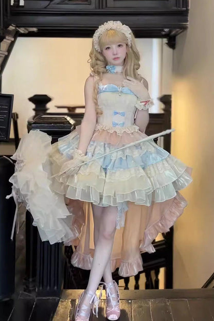 Gothic Lolita Dress - Blue/pink/apricot Multi-layer, 3 Colors, Sweet Style, Bow Detail - additional product view 8