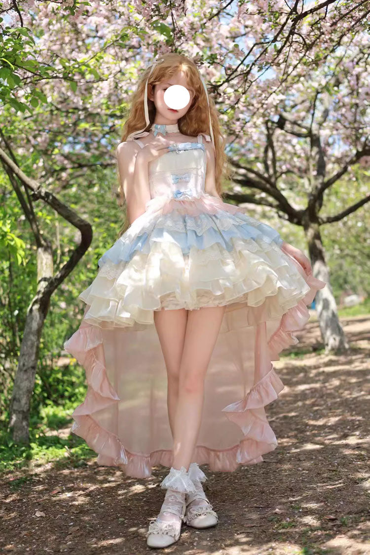 Gothic Lolita Dress - Blue/pink/apricot Multi-layer, 3 Colors, Sweet Style, Bow Detail - main product image