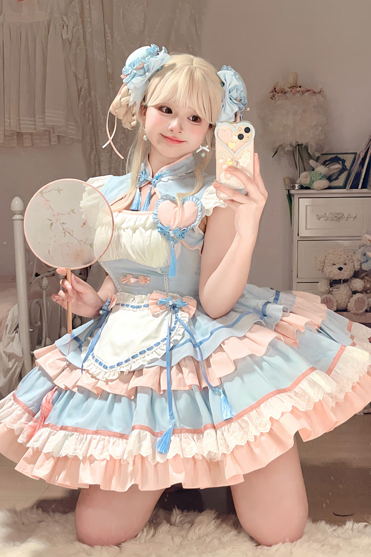 Gothic Lolita Dress - Blue/pink Multi-layered, 2 Colors, Chinese-Inspired Style, Ruffled - additional product view 2