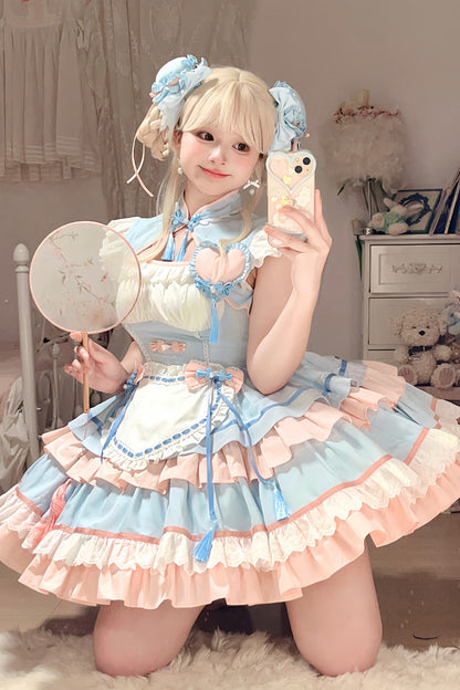 Gothic Lolita Dress - Blue/pink Multi-layered, 2 Colors, Chinese-Inspired Style, Ruffled - additional product view 2