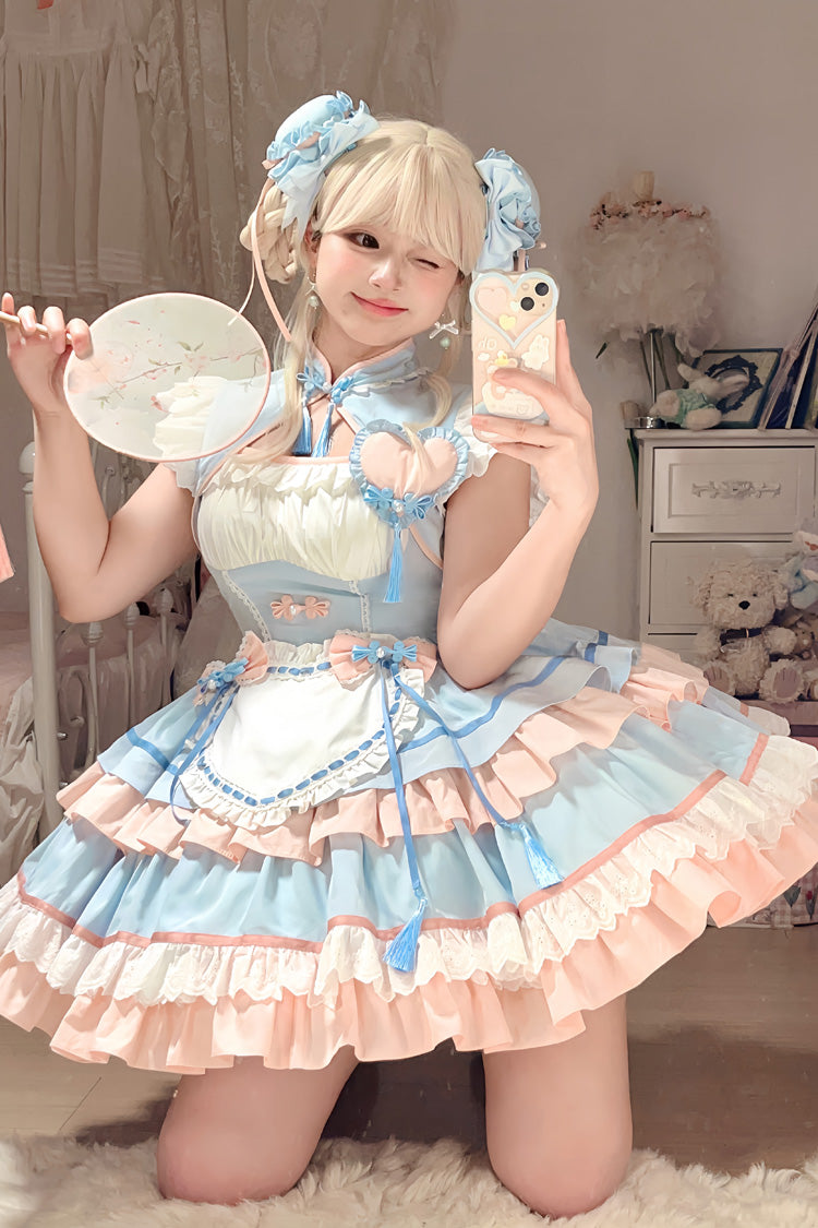 Gothic Lolita Dress - Blue/pink Multi-layered, 2 Colors, Chinese-Inspired Style, Ruffled - additional product view 3