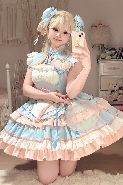 Gothic Lolita Dress - Blue/pink Multi-layered, 2 Colors, Chinese-Inspired Style, Ruffled - additional product view 4