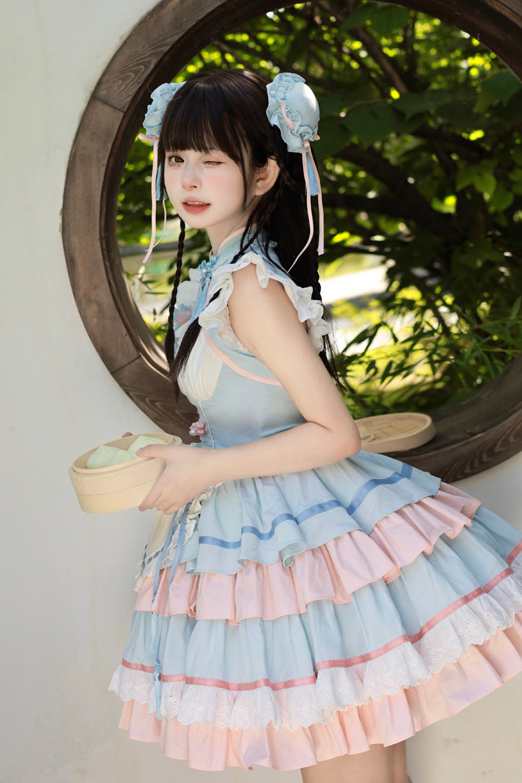 Gothic Lolita Dress - Blue/pink Multi-layered, 2 Colors, Chinese-Inspired Style, Ruffled - additional product view 6