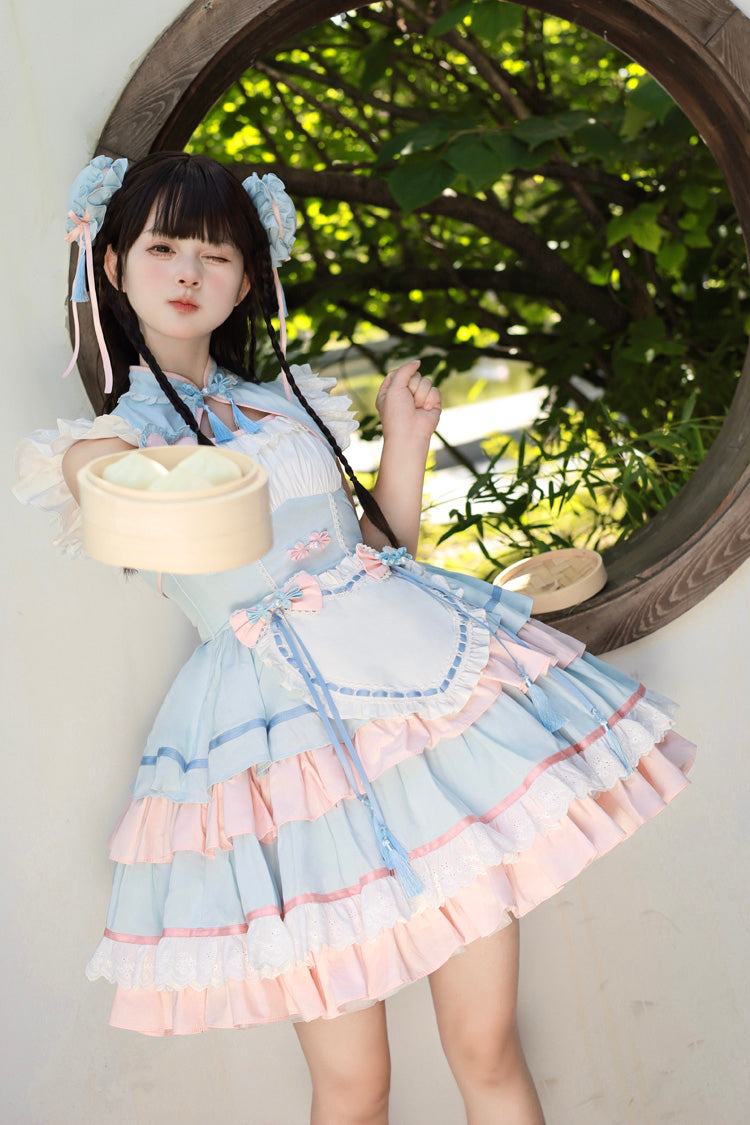 Gothic Lolita Dress - Blue/pink Multi-layered, 2 Colors, Chinese-Inspired Style, Ruffled - additional product view 7