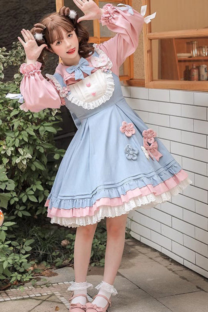 Gothic Lolita Dress - Blue/pink Plum Blossom Snow, 2 Colors, Ruffled, Sweet Style - additional product view 3