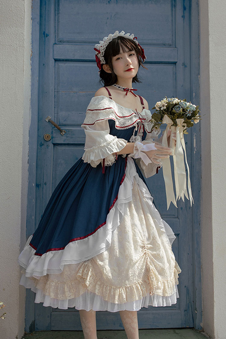 Gothic Lolita Dress - Blue/white, 2 Colors, Sweet Style, Bow Detail, Long Sleeves - additional product view 2