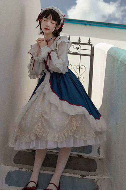 Gothic Lolita Dress - Blue/white, 2 Colors, Sweet Style, Bow Detail, Long Sleeves - additional product view 3