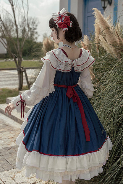 Gothic Lolita Dress - Blue/white, 2 Colors, Sweet Style, Bow Detail, Long Sleeves - additional product view 4