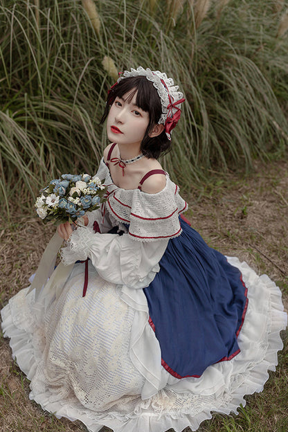 Gothic Lolita Dress - Blue/white, 2 Colors, Sweet Style, Bow Detail, Long Sleeves - additional product view 5