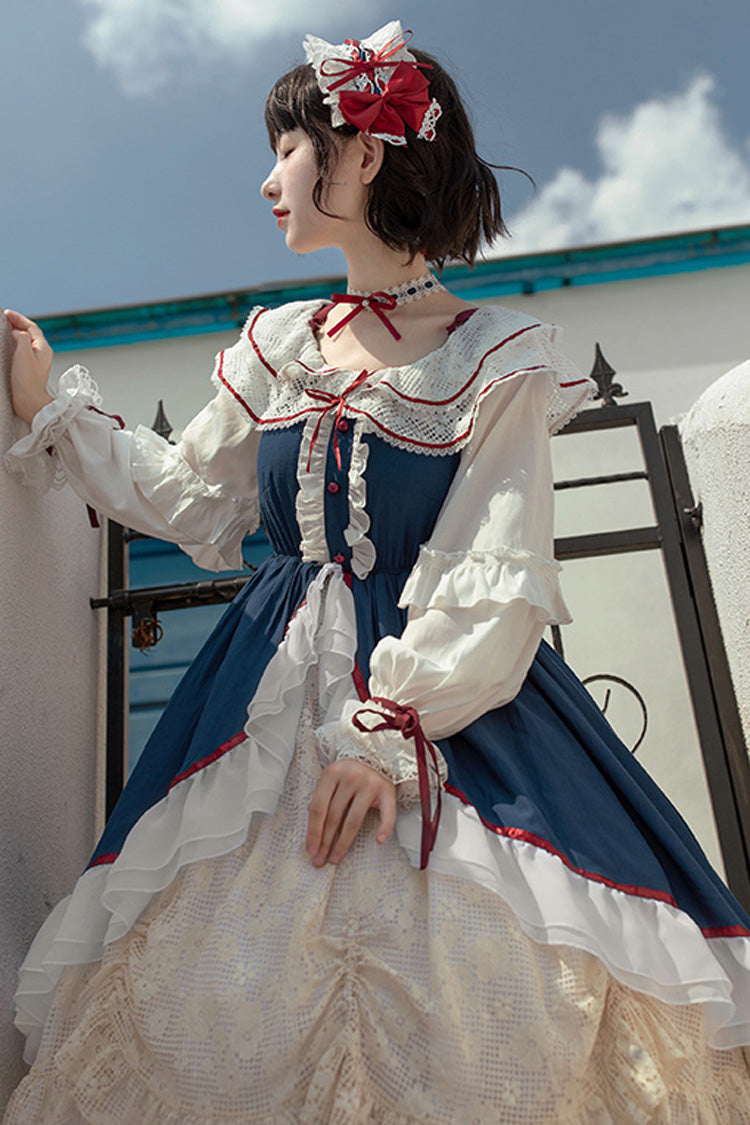 Gothic Lolita Dress - Blue/white, 2 Colors, Sweet Style, Bow Detail, Long Sleeves - additional product view 6