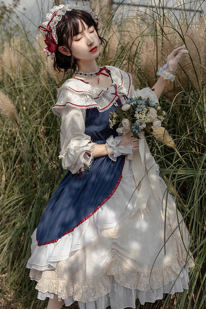 Gothic Lolita Dress - Blue/white, 2 Colors, Sweet Style, Bow Detail, Long Sleeves - additional product view 8