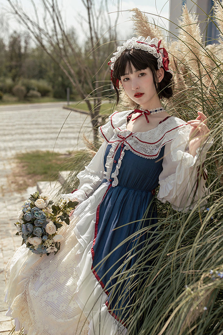 Gothic Lolita Dress - Blue/white, 2 Colors, Sweet Style, Bow Detail, Long Sleeves - additional product view 9