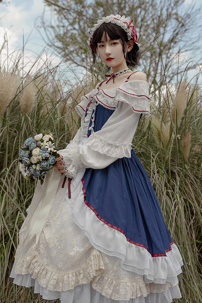 Gothic Lolita Dress - Blue/white, 2 Colors, Sweet Style, Bow Detail, Long Sleeves - additional product view 11