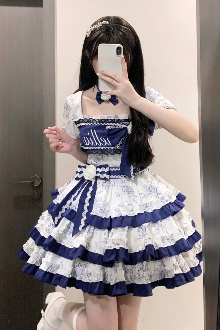 Gothic Lolita Dress - Blue/white Porcelain Print, 2 Colors, Embroidered, Sweet Style - additional product view 3