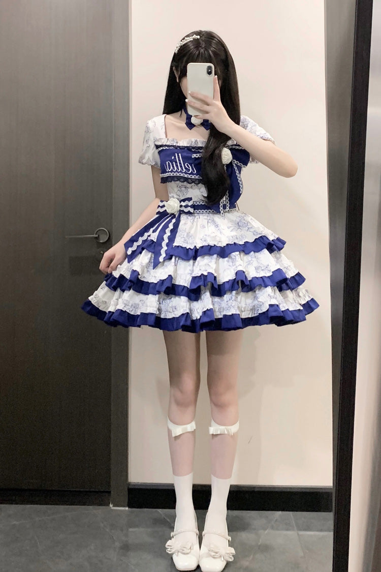 Gothic Lolita Dress - Blue/white Porcelain Print, 2 Colors, Embroidered, Sweet Style - additional product view 6