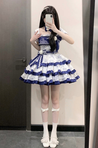 Gothic Lolita Dress - Blue/white Porcelain Print, 2 Colors, Embroidered, Sweet Style - additional product view 7