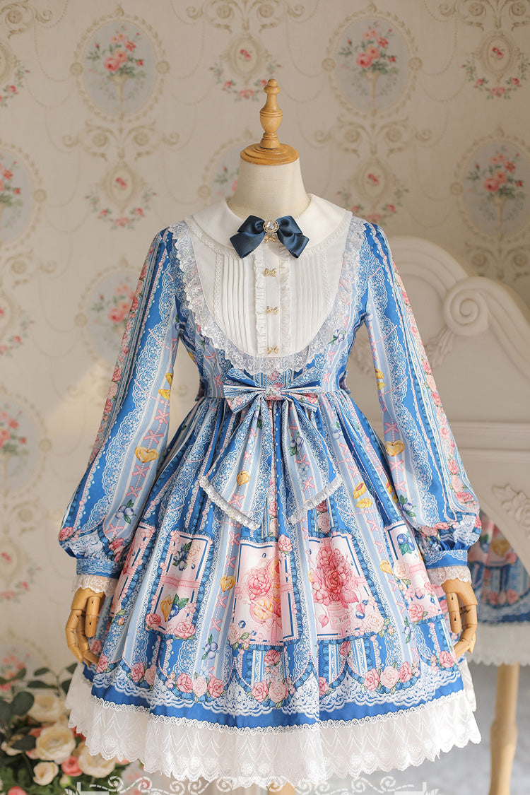 Gothic Lolita Dress - Blueberry Berries Print, 4 Colors, Sweet Style, Bow Detail, Printed - S Dark-Blue / M Dark-Blue / L Dark-Blue option
