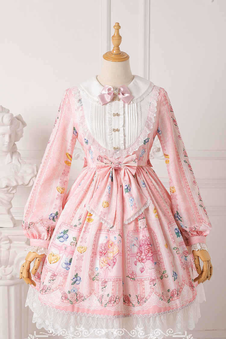Gothic Lolita Dress - Blueberry Berries Print, 4 Colors, Sweet Style, Bow Detail, Printed - S Pink / M Pink / L Pink option