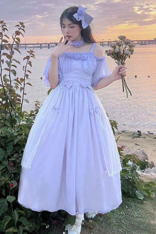 Gothic Lolita Dress - Boat Neck Bubble, 2 Colors, High Waist, Sweet Style - S Purple / M Purple / L Purple option