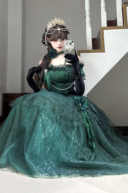 Gothic Lolita Dress - Bright Stars, Green, Ruffled, Sweet Style, Bow Detail - additional product view 2