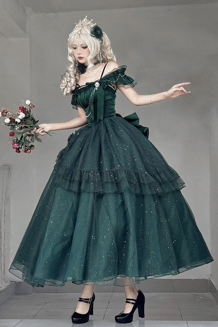 Gothic Lolita Dress - Bright Stars, Green, Ruffled, Sweet Style, Bow Detail - additional product view 3