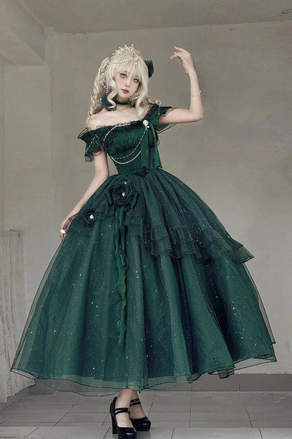 Gothic Lolita Dress - Bright Stars, Green, Ruffled, Sweet Style, Bow Detail - additional product view 4