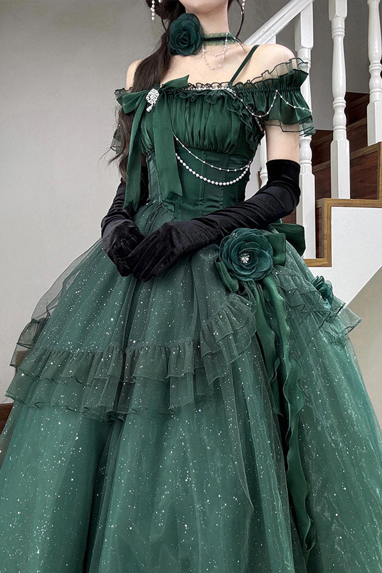 Gothic Lolita Dress - Bright Stars, Green, Ruffled, Sweet Style, Bow Detail - additional product view 5