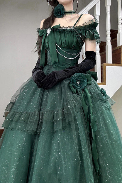 Gothic Lolita Dress - Bright Stars, Green, Ruffled, Sweet Style, Bow Detail - additional product view 5