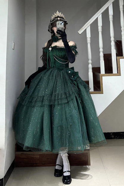 Gothic Lolita Dress - Bright Stars, Green, Ruffled, Sweet Style, Bow Detail - additional product view 7