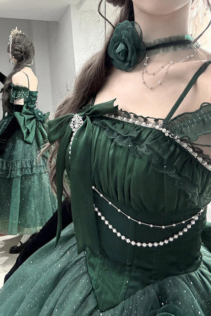 Gothic Lolita Dress - Bright Stars, Green, Ruffled, Sweet Style, Bow Detail - additional product view 8