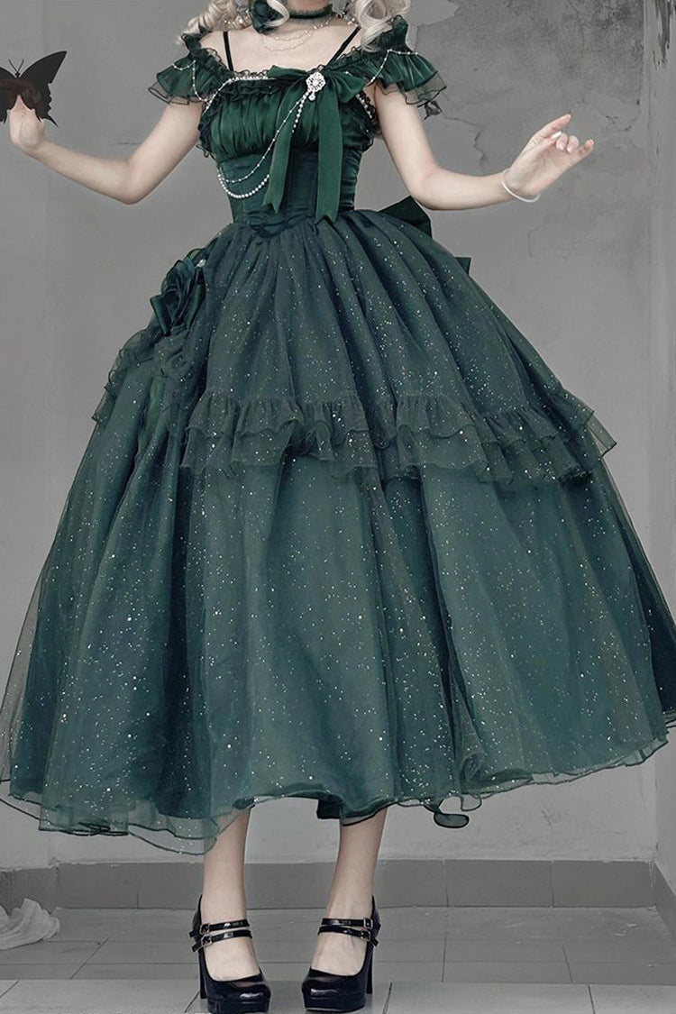 Gothic Lolita Dress - Bright Stars, Green, Ruffled, Sweet Style, Bow Detail - additional product view 9