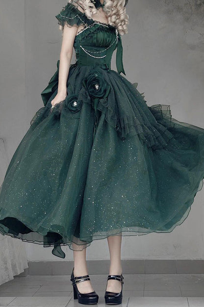 Gothic Lolita Dress - Bright Stars, Green, Ruffled, Sweet Style, Bow Detail - additional product view 11