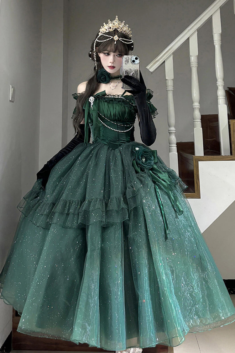 Gothic Lolita Dress - Bright Stars, Green, Ruffled, Sweet Style, Bow Detail - main product image