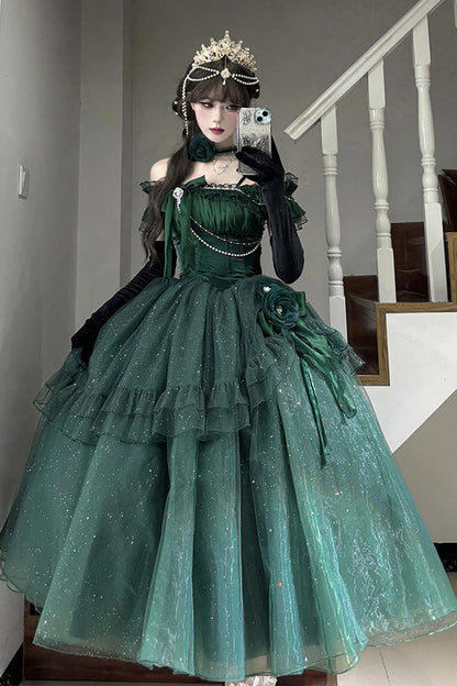 Gothic Lolita Dress - Bright Stars, Green, Ruffled, Sweet Style, Bow Detail - main product image