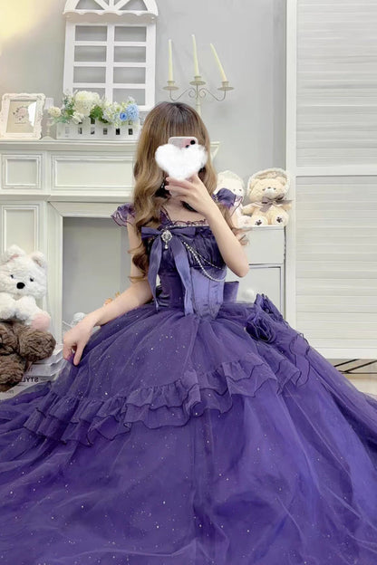 Gothic Lolita Dress - Bright Stars, Purple, Ruffled, Sweet Style, Bow Detail - main product image
