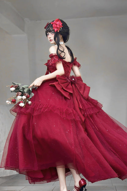 Gothic Lolita Dress - Bright Stars, Red, Ruffled, Sweet Style, Bow Detail - additional product view 2