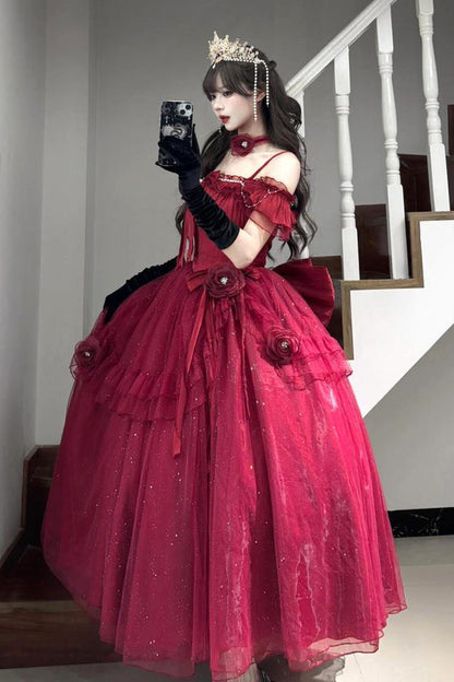 Gothic Lolita Dress - Bright Stars, Red, Ruffled, Sweet Style, Bow Detail - additional product view 4