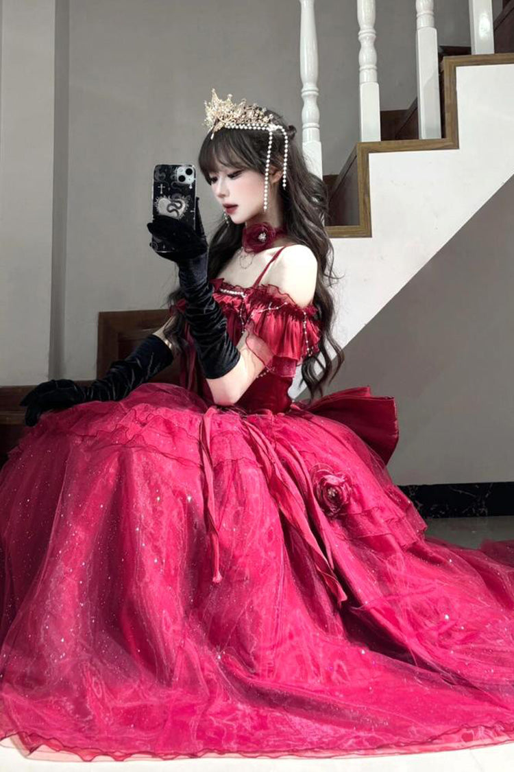 Gothic Lolita Dress - Bright Stars, Red, Ruffled, Sweet Style, Bow Detail - additional product view 6