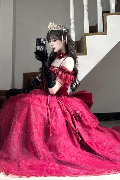Gothic Lolita Dress - Bright Stars, Red, Ruffled, Sweet Style, Bow Detail - additional product view 6
