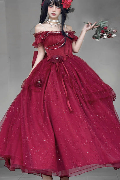 Gothic Lolita Dress - Bright Stars, Red, Ruffled, Sweet Style, Bow Detail - main product image