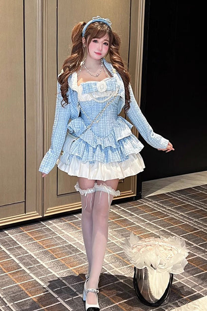 Gothic Lolita Dress - Camellia Blue Miss Plaid Print, Blue, Plaid, Sweet Style, Bow Detail - additional product view 2