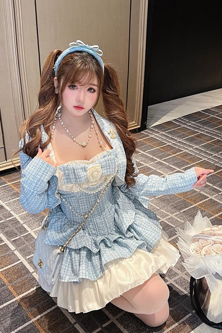 Gothic Lolita Dress - Camellia Blue Miss Plaid Print, Blue, Plaid, Sweet Style, Bow Detail - additional product view 3