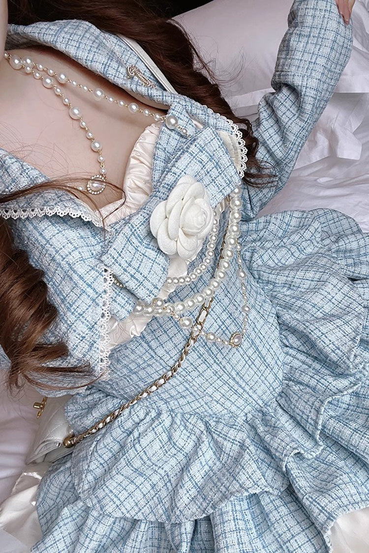 Gothic Lolita Dress - Camellia Blue Miss Plaid Print, Blue, Plaid, Sweet Style, Bow Detail - additional product view 4